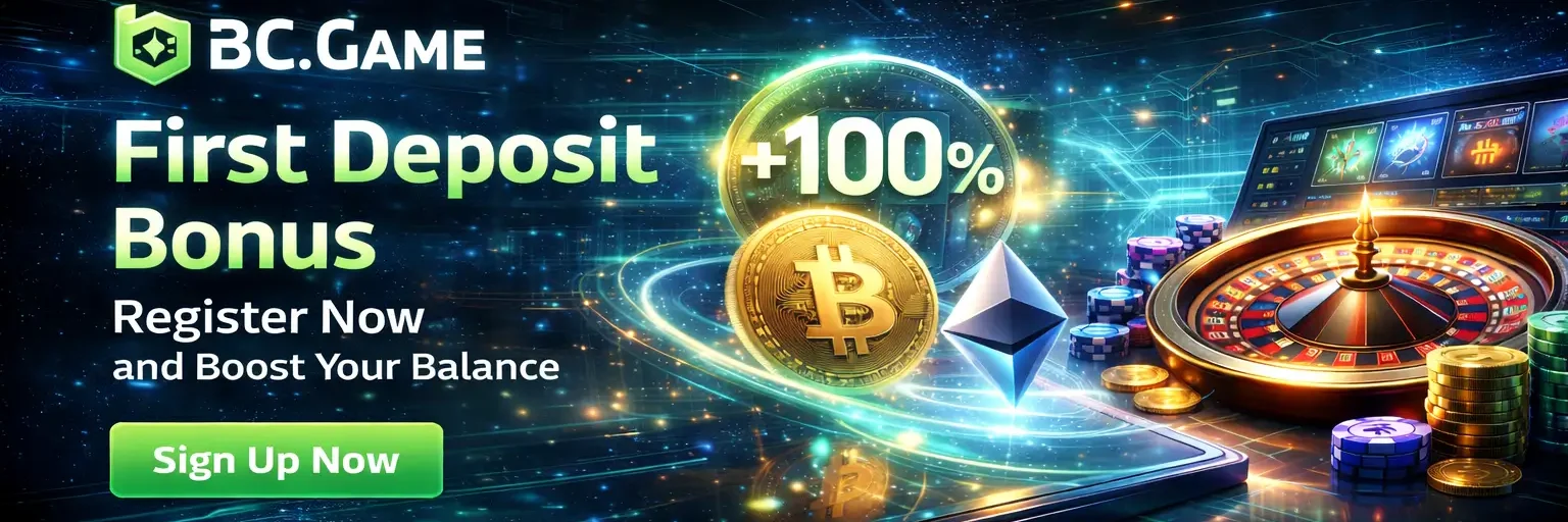 BC.Game promotional banner with first deposit bonus offer, glowing +100% badge, cryptocurrency coins, roulette wheel, neon blue-green lighting, and “Sign Up Now” registration button on dark background.
