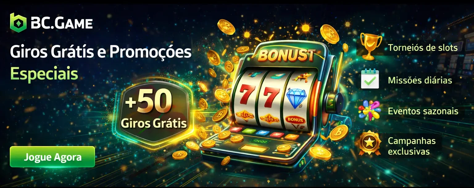 BC.Game promotional banner featuring “Giros Grátis e Promoções Especiais,” glowing +50 Giros Grátis badge, 3D slot machine with coins flying out, icons for slot tournaments, daily missions, seasonal events, exclusive campaigns, and green “Jogue Agora” button on dark neon background.