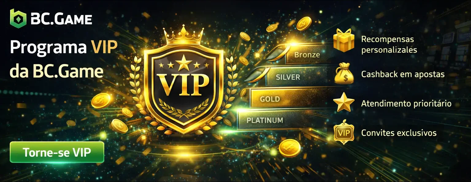BC.Game VIP program banner featuring “Programa VIP da BC.Game,” gold VIP shield emblem, tier levels from Bronze to Platinum, floating coins, benefit icons for personalized rewards, cashback, priority support, exclusive invites, and green “Torne-se VIP” button on dark premium background.